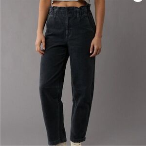 American Eagle Barrel Corduroy Pants Dark Gray Paperbag High Waist Size 8 LONG